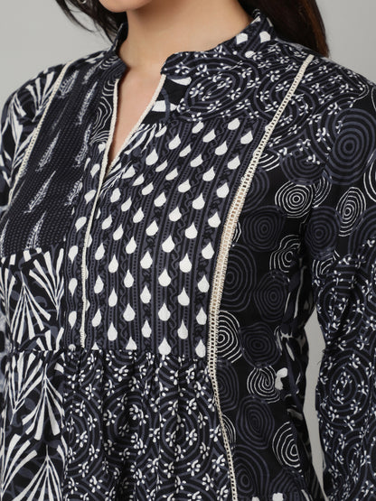 Dark Blue Printed V Neck  Top