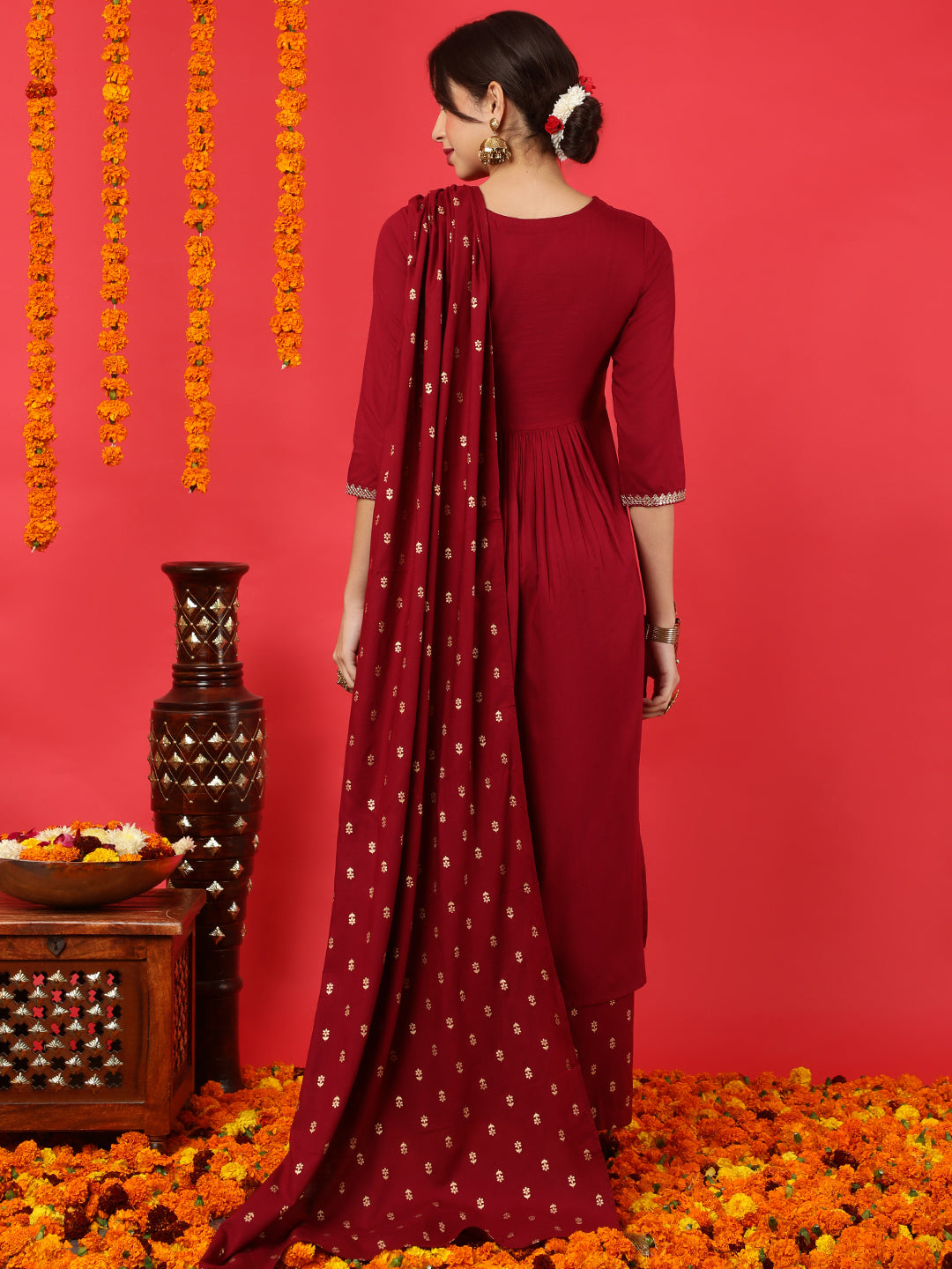 Rayon Calf Length Solid Flared 3/4 Sleeves Round Neck Kurta Bottom Dupatta Set (Preorder)