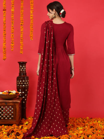 Rayon Calf Length Solid Flared 3/4 Sleeves Round Neck Kurta Bottom Dupatta Set (Preorder)