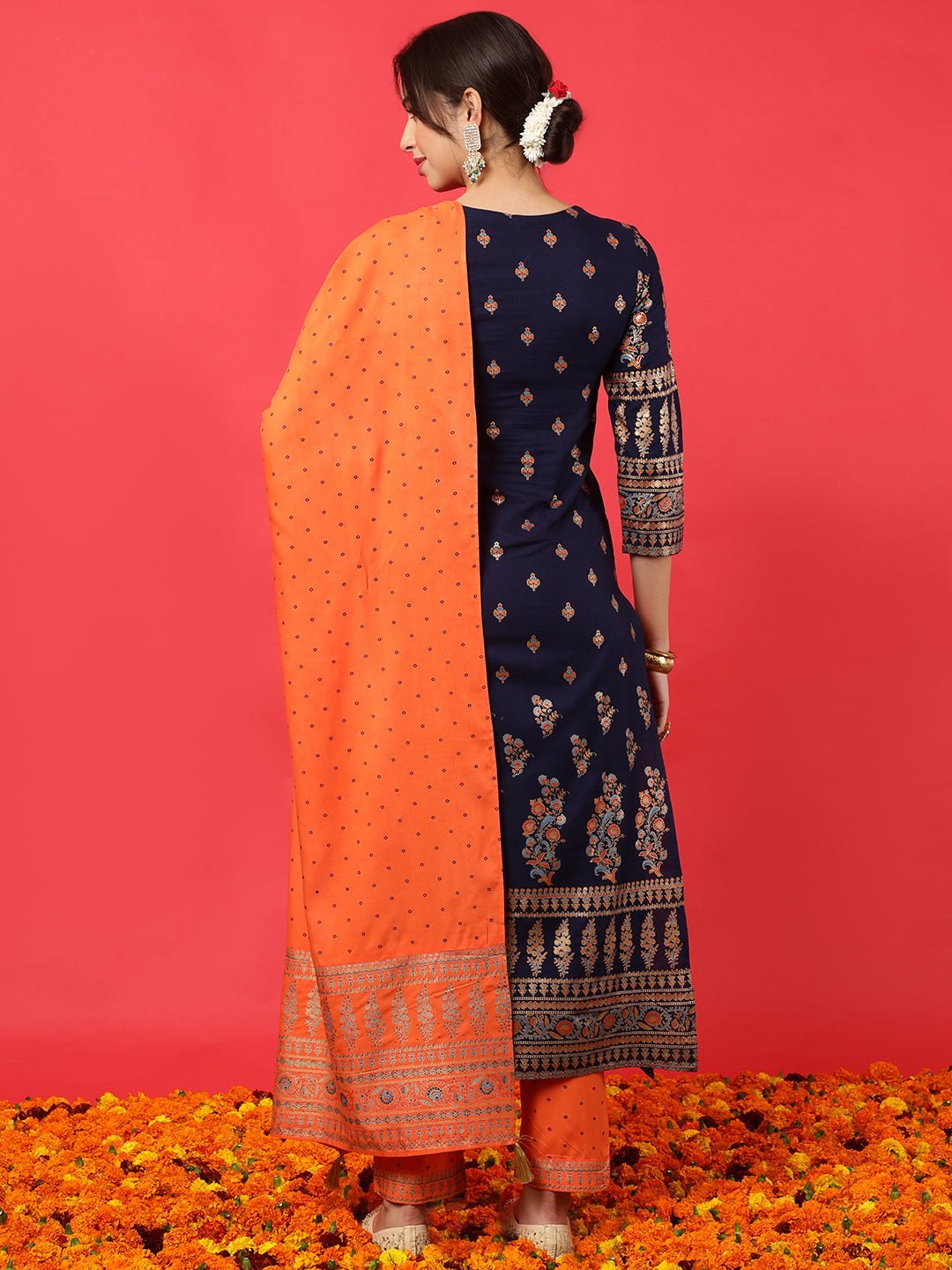 Rayon  Calf Length Printed Straight 3/4 Sleeves Round Kurta Bottom Dupatta Set