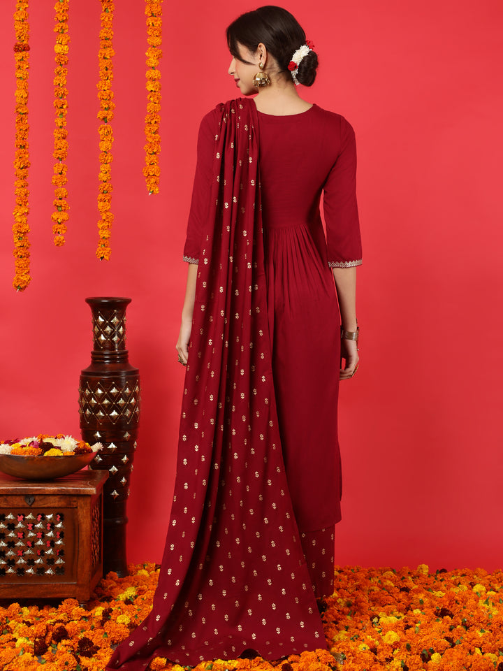 Rayon Calf Length Solid Flared 3/4 Sleeves Round Neck Kurta Bottom Dupatta Set