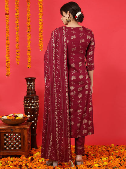 Rayon Calf Length Printed Straight 3/4 Sleeves Round Neck Kurta Bottom Dupatta Set (Preorder)