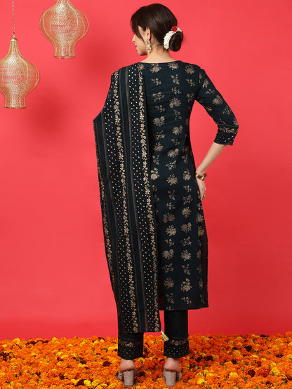 Rayon Calf Length Printed Straight 3/4 Sleeves Round Neck Kurta Bottom Dupatta Set
