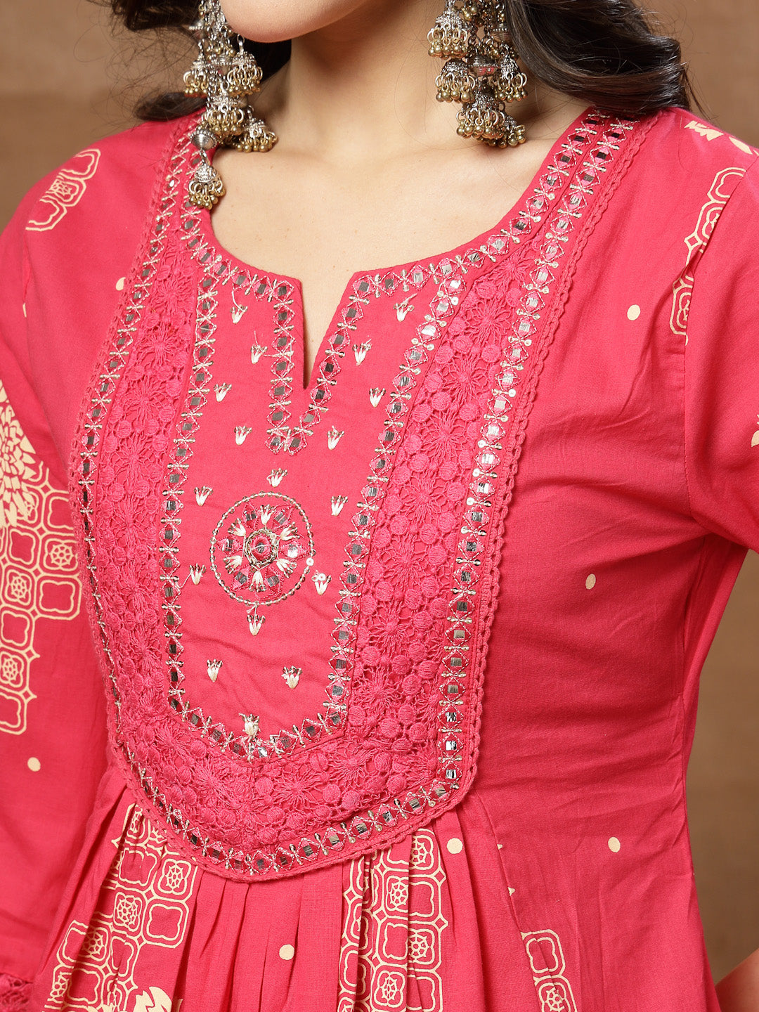 Flared Printed Cotton Round Neck Kurta Set With Dupatta