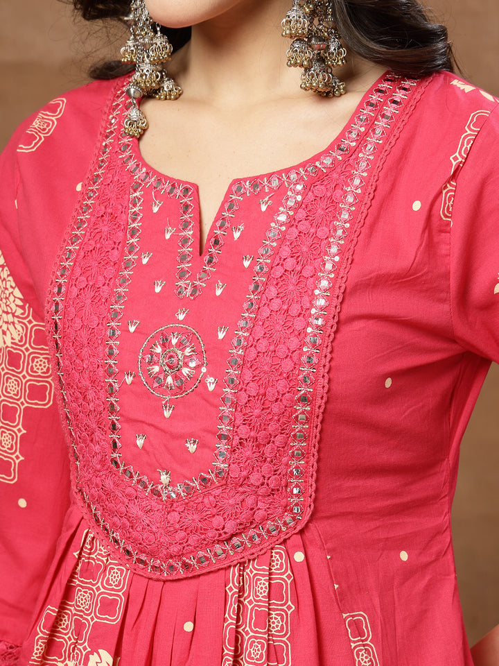 Flared Printed Cotton Round Neck Kurta Set With Dupatta