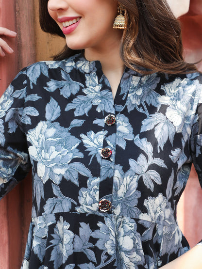 Cotton  Ankle Length Printed Flared 3/4 Sleeves Collar Nack Kurta
