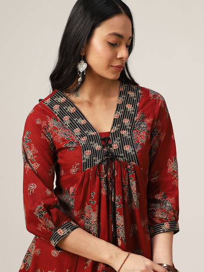 Flared Printed Cotton V-Neck Top