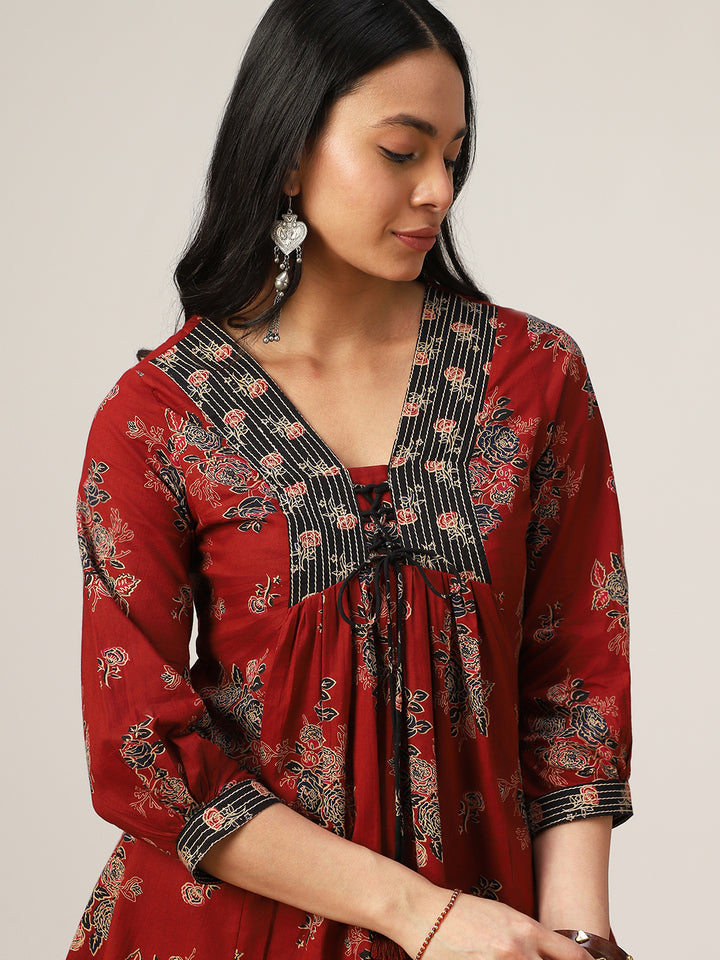 Flared Printed Cotton V-Neck Top