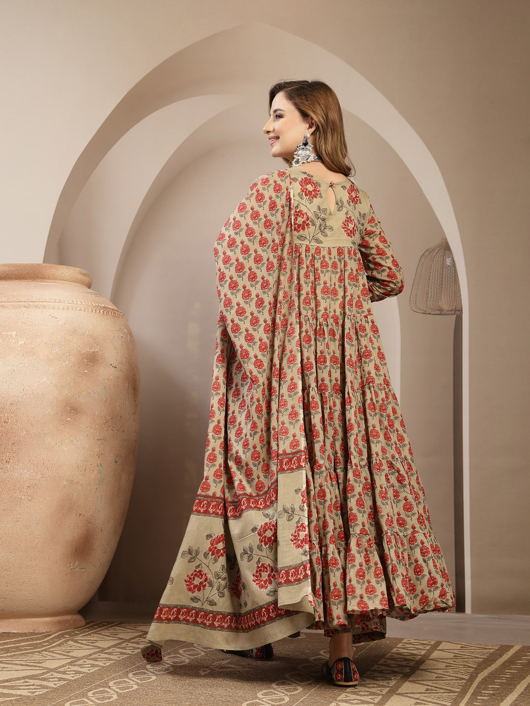 Malmal Calf Length Printed 3/4 Sleeve Round Neck Anarkali Kurta Suit Set