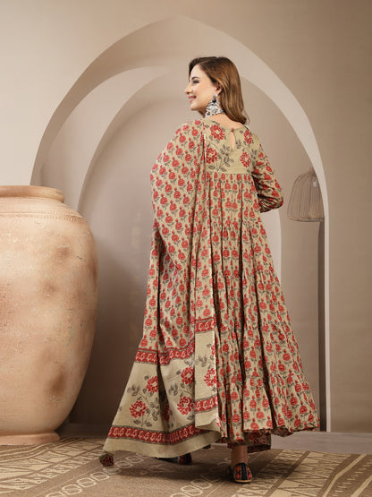 Malmal Calf Length Printed 3/4 Sleeve Round Neck Anarkali Kurta Suit Set