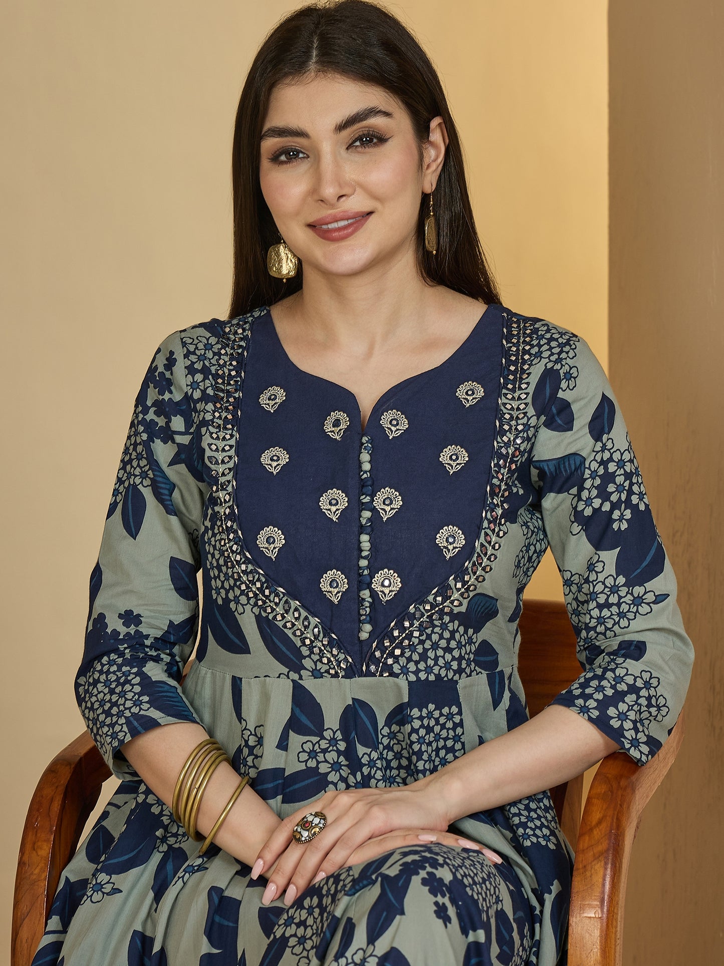 Cotton Ankle Length Printed 3/4 Sleeves Sweetheart Neck Anarkali Kurta