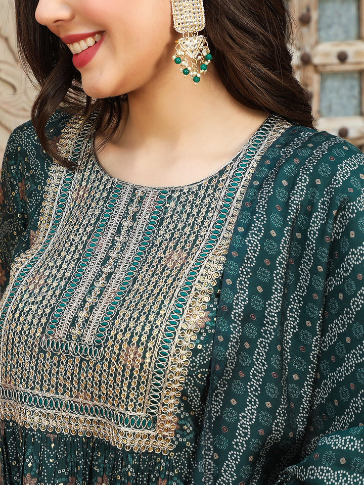 Rayon  Calf Length Printed Semi-Flared 3/4 Sleeves Round Kurta Bottom Dupatta Set