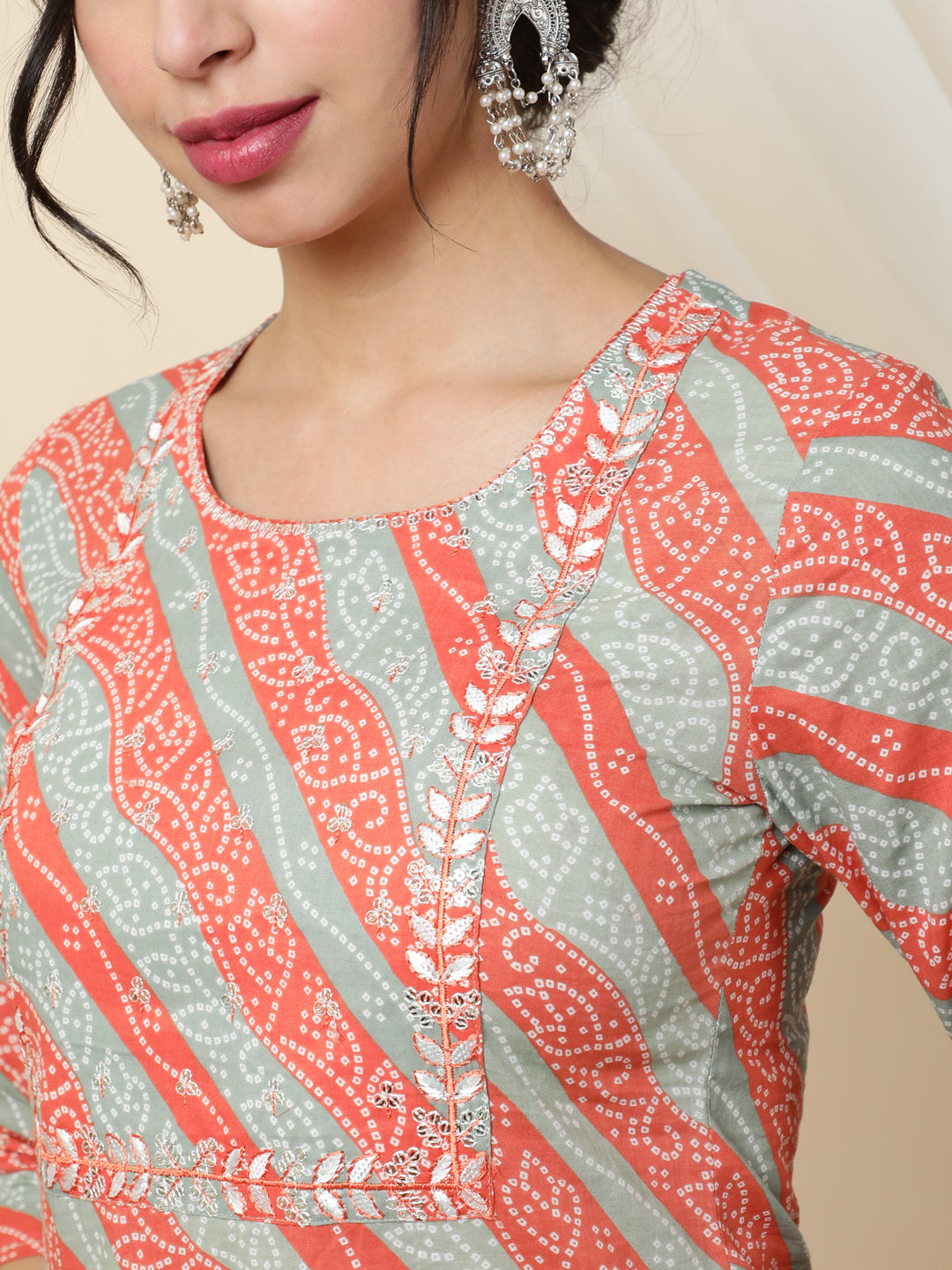 Cotton  Calf Length Printed Straight 3/4 Sleeves Round Kurta Bottom Dupatta Set