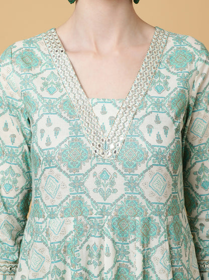 Cotton Calf Length Printed Flared 3/4 Sleeves V-Neck Kurta Bottom Dupatta Set