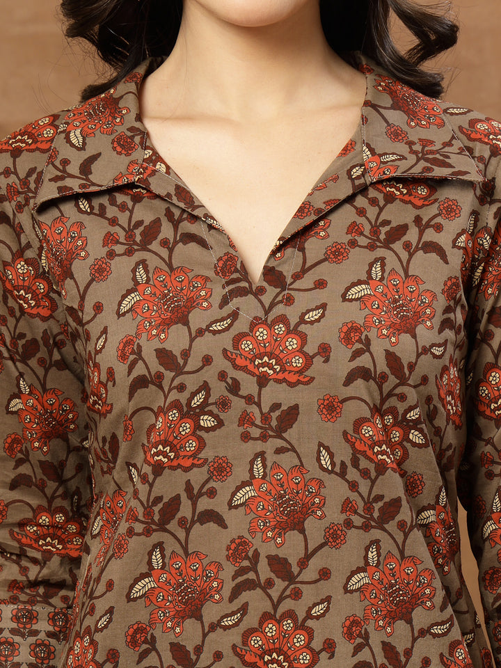Straight Printed Cotton Shirt Collar Kurta Set