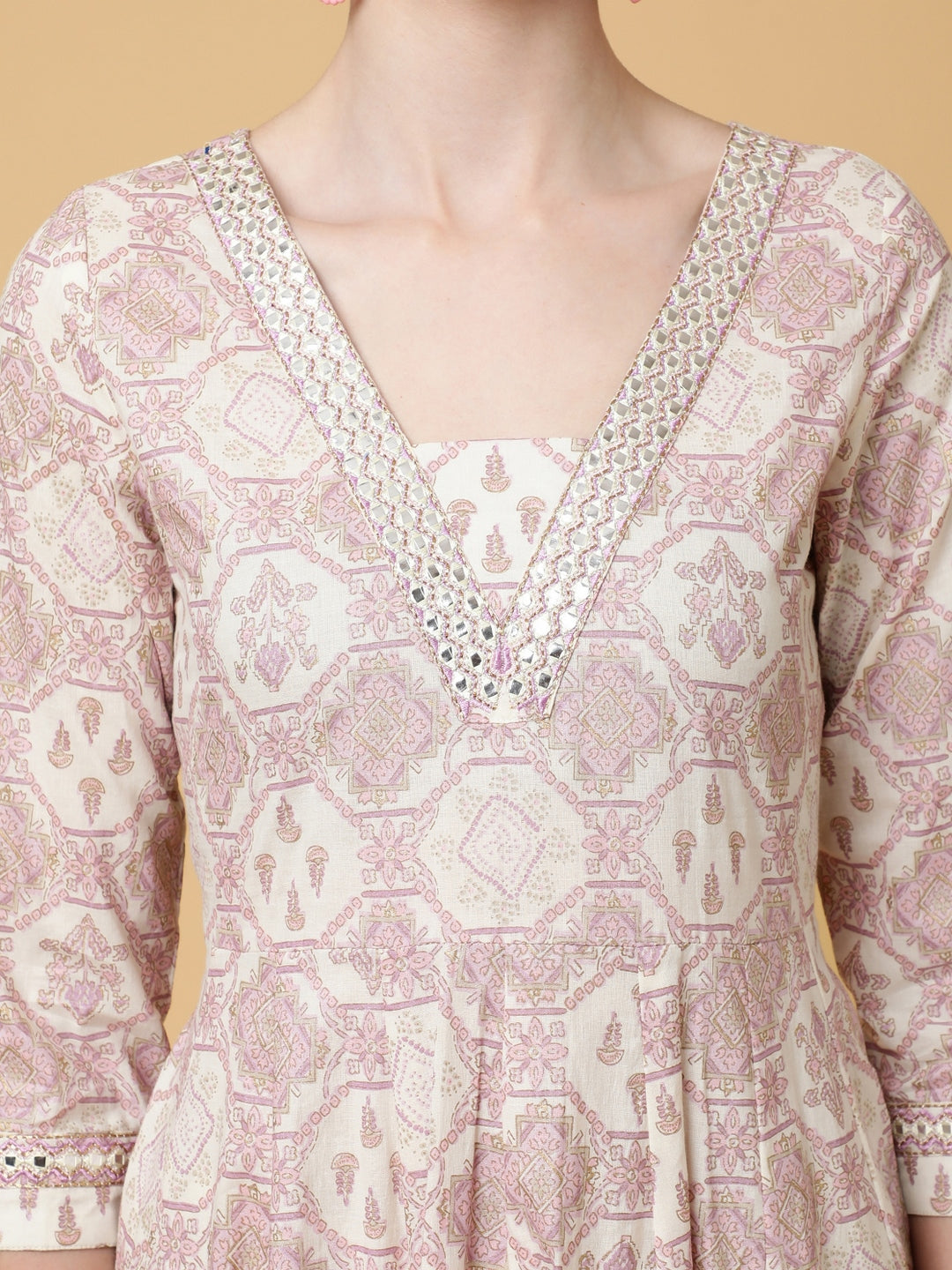 Cotton Calf Length Printed Flared 3/4 Sleeves V-Neck Kurta Bottom Dupatta Set