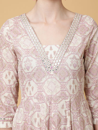 Cotton Calf Length Printed Flared 3/4 Sleeves V-Neck Kurta Bottom Dupatta Set