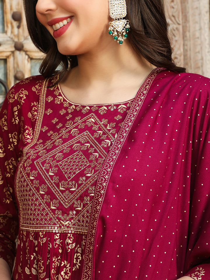 Rayon Calf Length Printed Flared 3/4 Sleeves Round Neck Kurta Bottom Dupatta Set