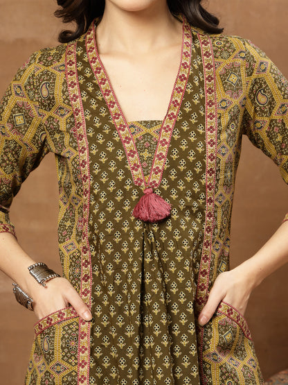 A-Line Printed Cotton V-Neck Kurta Set