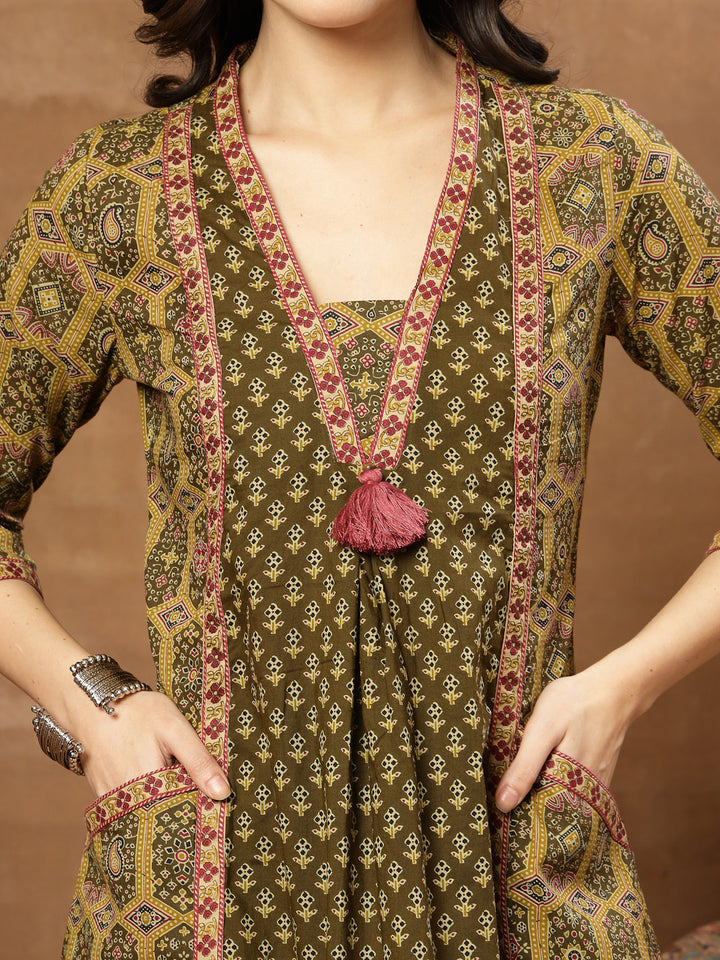 A-Line Printed Cotton V-Neck Kurta Set