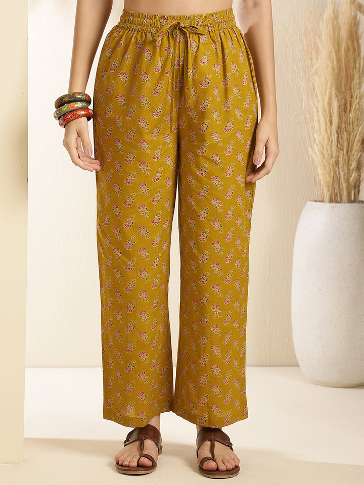 Cotton Calf Length Printed 3/4 Sleeve Key Hole Neck Tiered Kurta Bottom With Dupatta
