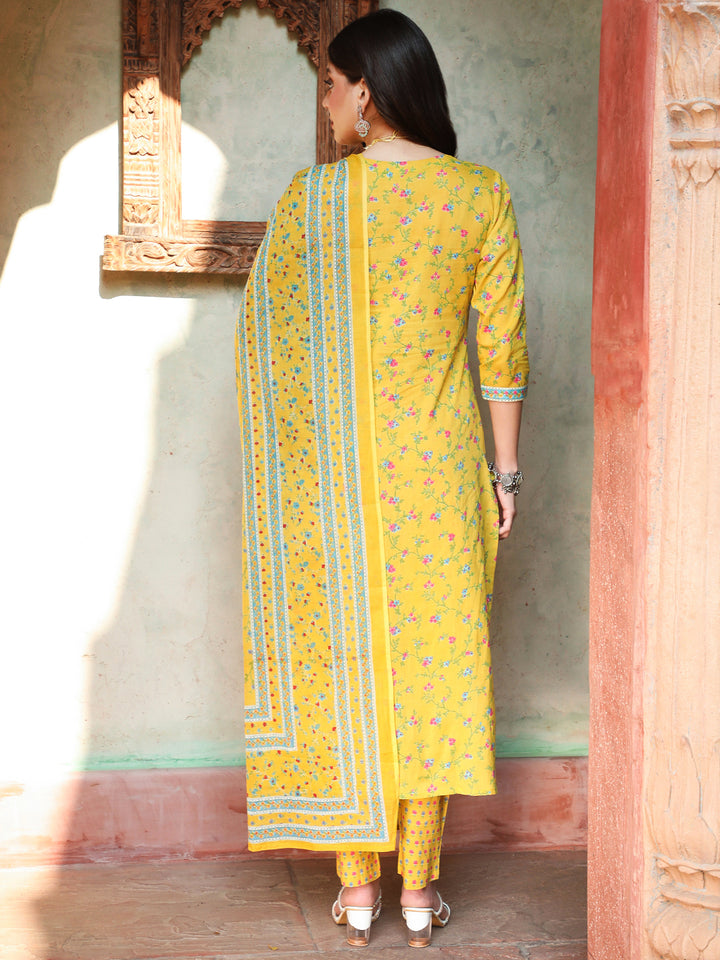 Cotton Calf Length Printed Straight 3/4 Sleeves V-neck Kurta Bottom Dupatta Set