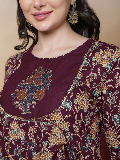 Cotton Calf Length Printed 3/4 Sleeves Round Neck Anarkali Kurta Bottom With Dupatta