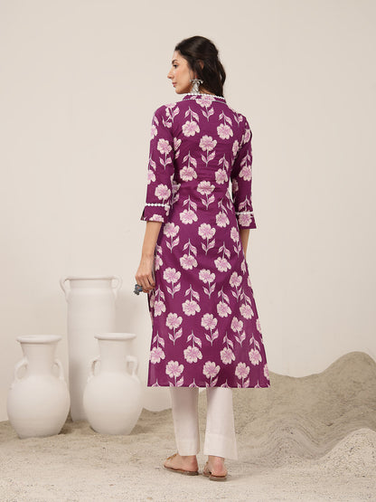 Cotton Calf Length Printed 3/4 Sleeves V-Neck Kurta