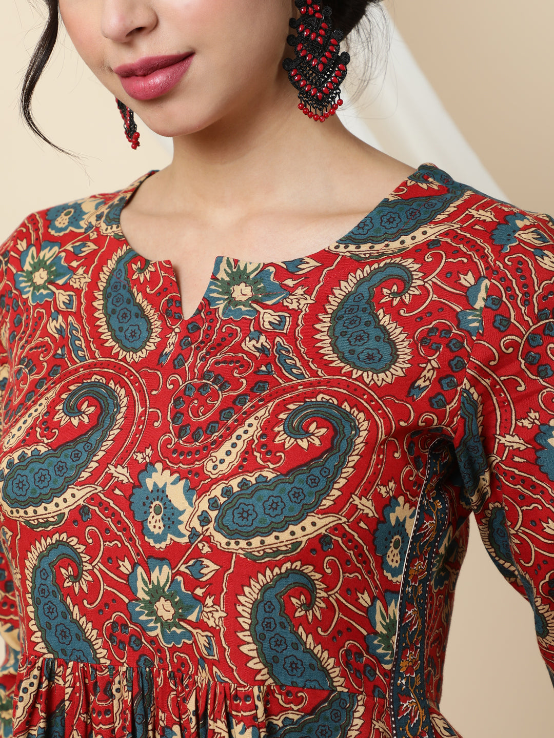 Rayon  Calf Length Printed Semi-Flared 3/4 Sleeves Round Kurta