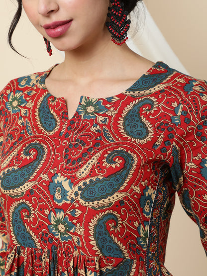 Rayon  Calf Length Printed Semi-Flared 3/4 Sleeves Round Kurta