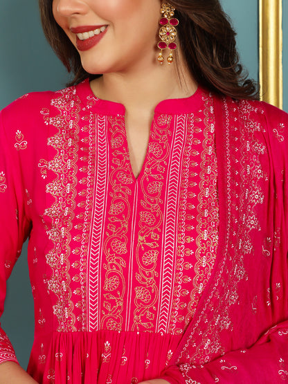 Rayon Calf Length Printed Flared 3/4 Sleeves Mandarin Neck Kurta Bottom Dupatta Set