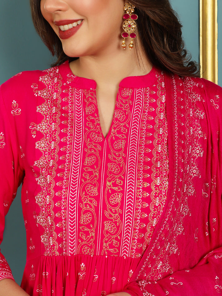 Rayon Calf Length Printed Flared 3/4 Sleeves Mandarin Neck Kurta Bottom Dupatta Set