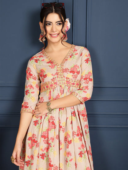 Rayon Calf Length Printed Flared 3/4 Sleeves V-Neck Kurta Bottom Set (Preorder)