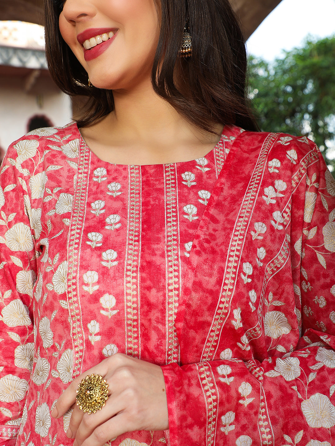 Cotton  Calf Length Printed Straight 3/4 Sleeves Round Kurta Bottom Dupatta Set