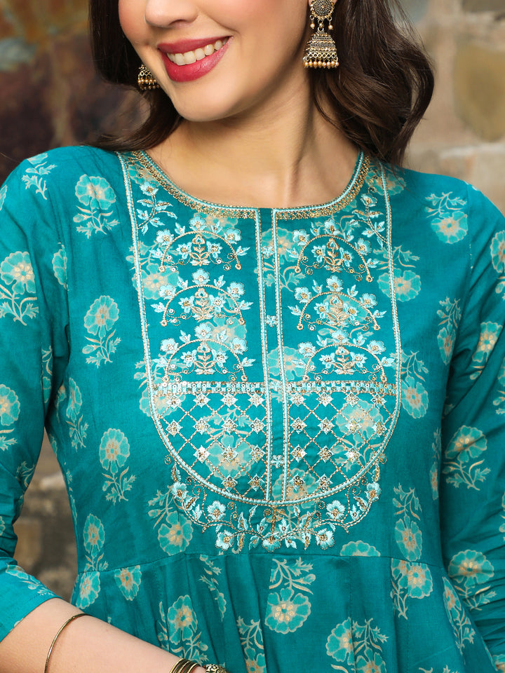 Rayon Ankle Length Printed Flared 3/4 Sleeves Round Neck Kurta