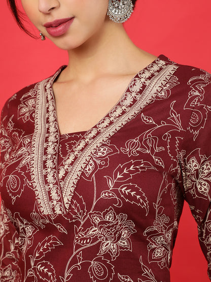 Rayon  Calf Length Printed Straight 3/4 Sleeves V-Neck Kurta Bottom Set