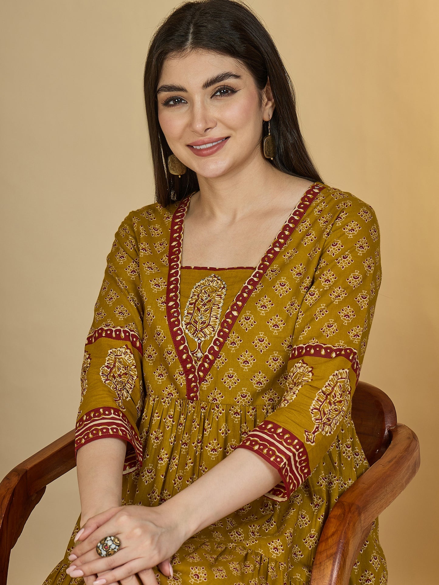 Cotton Ankle Length Printed 3/4 Sleeves V-Neck Anarkali Kurta