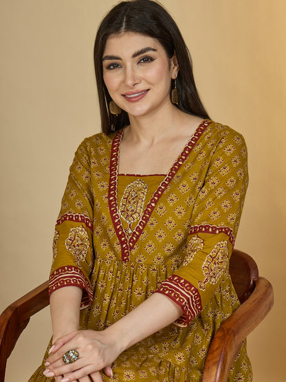 Cotton Ankle Length Printed 3/4 Sleeves V-Neck Anarkali Kurta