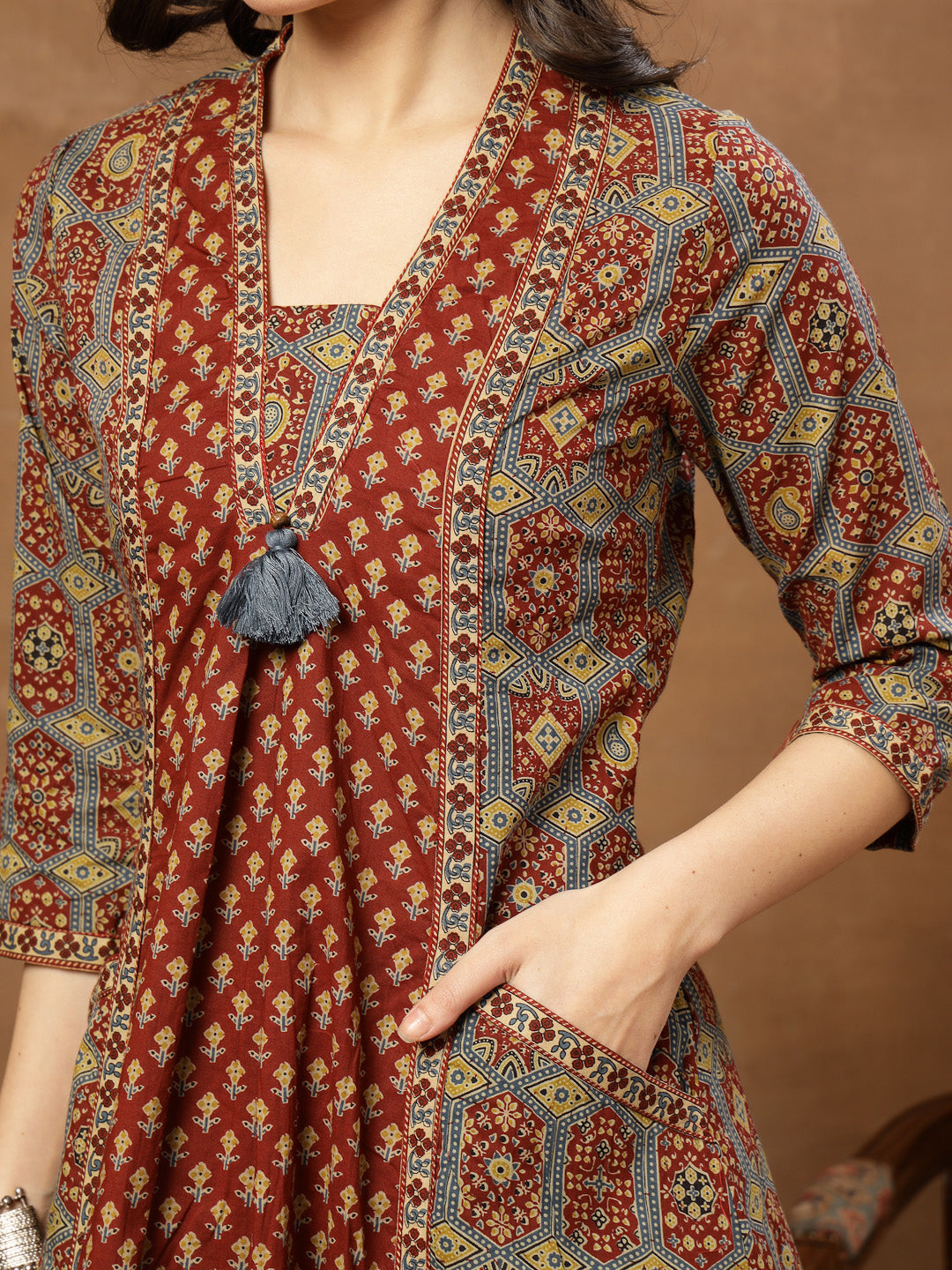 A-Line Printed Cotton V-Neck Kurta Set