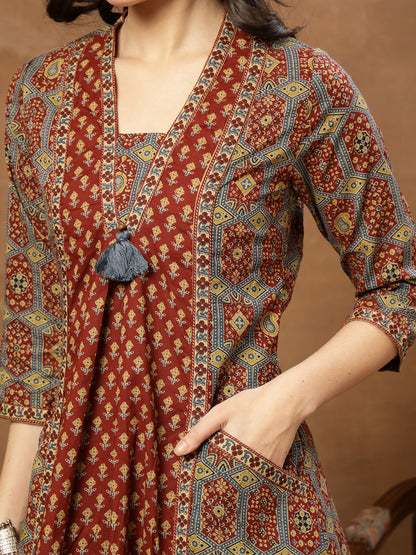 A-Line Printed Cotton V-Neck Kurta Set