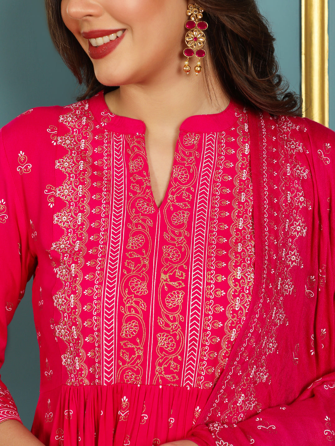 Rayon Calf Length Printed Flared 3/4 Sleeves Mandarin Neck Kurta Bottom Dupatta Set (Preorder)