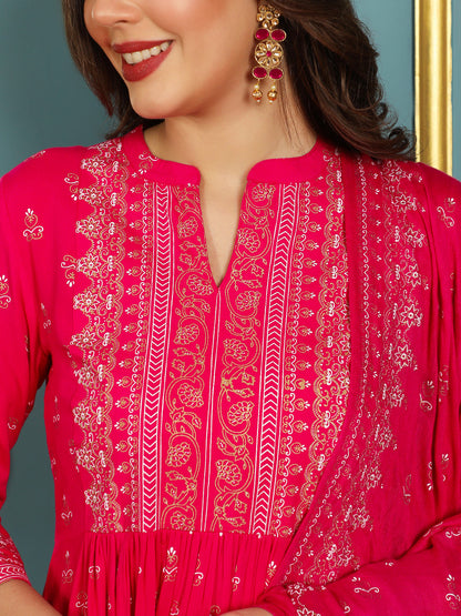 Rayon Calf Length Printed Flared 3/4 Sleeves Mandarin Neck Kurta Bottom Dupatta Set (Preorder)