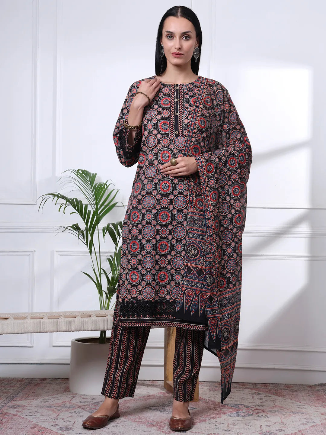 Black Ethnic Motifs Straight Kurta Trouser Dupatta Set