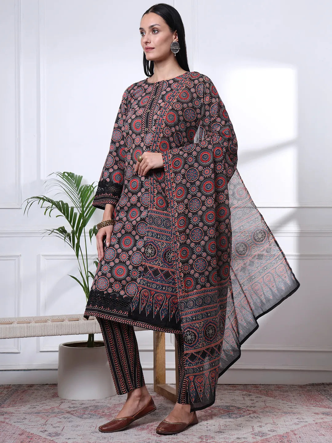 Black Ethnic Motifs Straight Kurta Trouser Dupatta Set