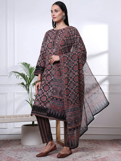 Black Ethnic Motifs Straight Kurta Trouser Dupatta Set