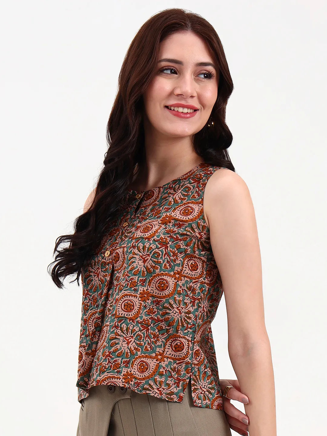 Brown And Turquoise Blue Cotton Sleeveless Crop Top