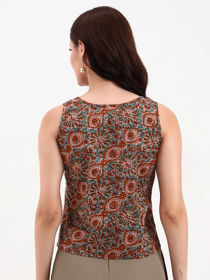 Brown And Turquoise Blue Cotton Sleeveless Crop Top