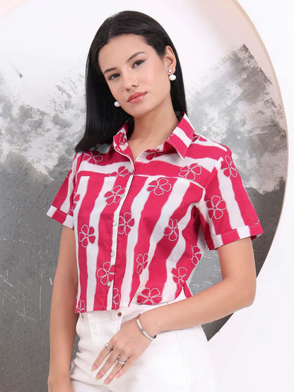 Pink Striped And Floral Print Shirt Style Top
