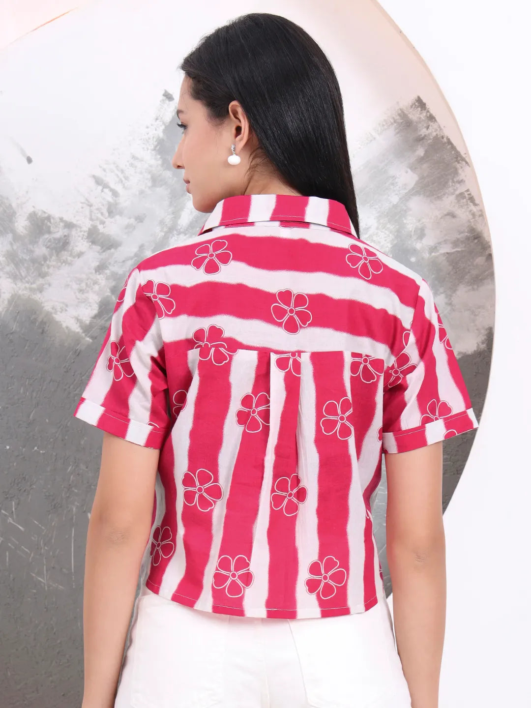 Pink Striped And Floral Print Shirt Style Top