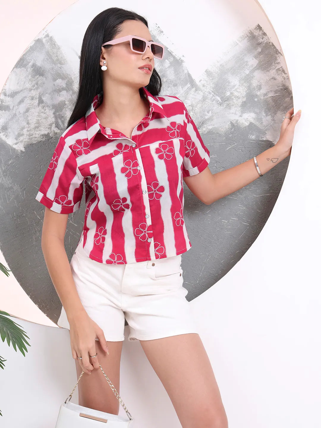 Pink Striped And Floral Print Shirt Style Top